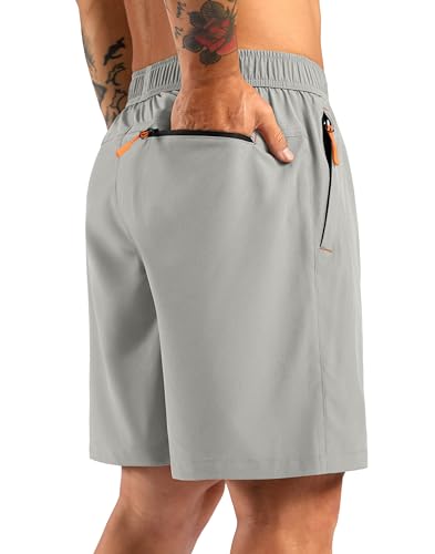 Pudolla Men's Athletic Hiking Shorts Lightweight Workout Gym Shorts for Men Outdoor Casual Travel with 3 Zipper Pockets(Bright Grey X-Large)