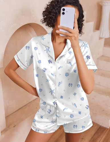 Image of Ekouaer Womens Silk Pajama Sets Button Up Satin Pjs Short Sleeve 2 Piece Pj Sets Cute Lounge Sets with Chest Pocket