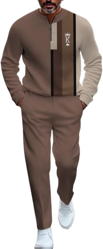 Men's casual half zipper stand up collar shirt long pants sports suit long sleeved jogging pants two-piece set
