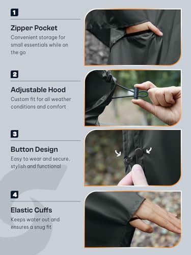 Image of SaphiRose Adult Rain Poncho Waterproof Hooded Zipper Raincoat with Pockets | OEKO-TEX Certified 100% Polyester, Lightweight Packable Storage Pouch, Heat-Sealed Seams, Quick-Dry for Outdoor Hiking