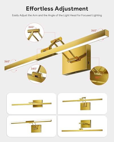 Image of VONLUCE 24 inch Modern LED Bathroom Vanity Light, Brushed Gold | 3CCT, Flicker-free, 360 Rotatable Head & Swing Arm, IP44 waterproof Bathroom Light Fixture Over Mirror for Bathroom, Picture