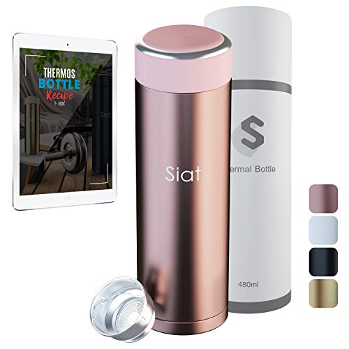 SIAT Stainless Steel Thermal Bottle  Double Wall  Vacuum Insulated Flask  Hot Cold  Eco Friendly  Coffee Water Tea Juice  Internal Strainer Infuser  16 oz Travel Mug  4 Colors  FREE E-BOOK