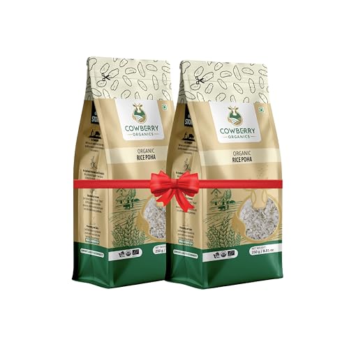 COWBERRY Organic Thick Poha/Flattened Rice/Aval, Beaten Rice Traditional | NPOP India, NOP USDA, EU Organic Certified | Lab-Tested 252+ Chemicals & Glyphosate Free | Naturally Gluten-Free (500 g (250 g each pack))