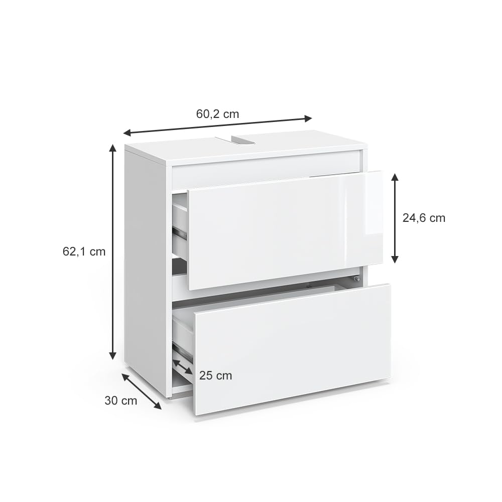 Vicco Waschbeckenunterschrank Majest, Weiß Hochglanz, 60.2 x 62.1 cm, mit Siphonaussparung und Belüftungsöffnungen zur Installation
