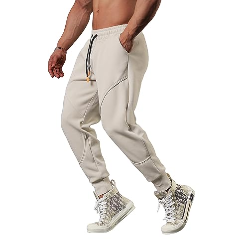 Men’s Sweatpants Gym Athletic Pants Workout Jogger’s Casual Trousers Relaxed Fit Legging Pants with Drawstring Apricot