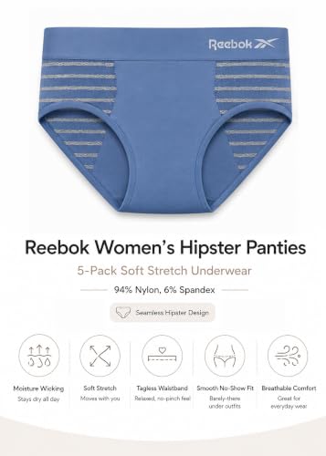Image of Reebok Womens Hipster Panties 5 Pack Soft Stretch Underwear for Women | Moisture wicking hipster briefs with a tagless relaxed waistband Soft stretch fabric with a smooth, barely-there fit all day.