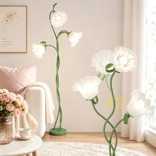 Fuzzbopn Flower Floor Lamp - 3-Light Adjustable Gooseneck with 3 Color Temps, Foot Switch, Vintage Floral Design for Living Room & Bedroom