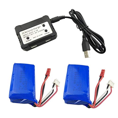 2 Stück Ferngesteuertes Auto Ersatzakkus mit 2-in-1 Ladegerät, 7,4V 1100mAh Lipo Batteries Kompatibel mit WLtoys A949 A959 A969 A979 S989,