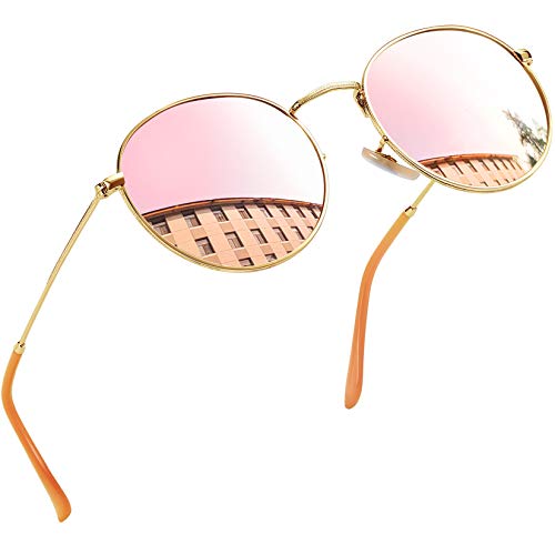 Joopin Polarized Round Metal Sunglasses For Women Men, Vintage Designer Womens Sun Glasses Uv Protection (Gold Black+Pink) #TOP4