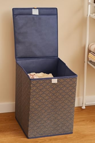 Image of QUAIL Non Woven Foldable Jute Printed 75 Liter Laundry Basket with Lid - Durable & Collapsible Storage Bag for Clothes, Toys & Washing Items (Blue Golden, Set of 2)