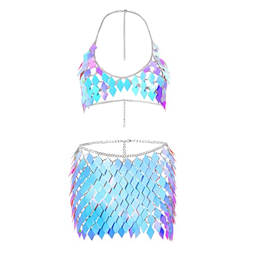 Barode Sequins Tassel Bra Skirts Set Boho Body Chain Sexy Bikini Rave Party Beach Festival Club Outfit for Women and Girls (Blue)
