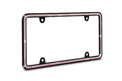 JR2 500 Super Bling Pink Glass Crystals Black Metal License Plate Frame+Free Caps (Pink)
