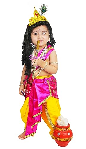 Image of Sarvda Krishna & Radha Dress for Kids - Complete Janmashtami Costume Sets with Dhoti /Lehenga, Mukut, Mor Pankh, Bansuri & Accessories | Fancy Dress for Baby Boys & Girls