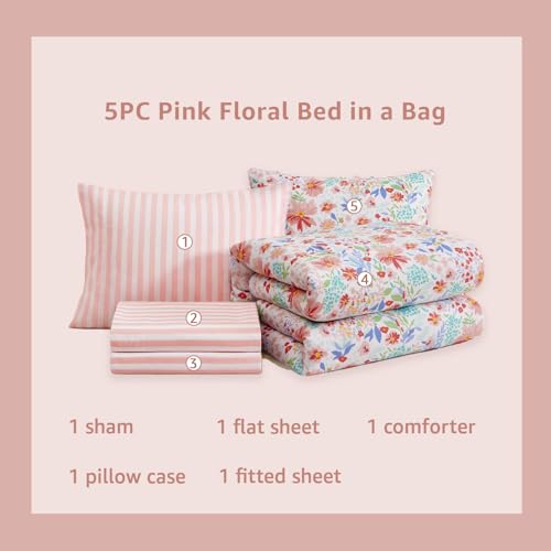 Image of Twin XL Comforter Set for Girls Pink Floral Garden 5 Pieces Bed in a Bag