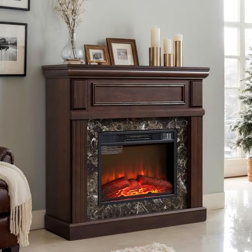 CKEASEAN 42 inch Electric Fireplace with Mantel, Portable Freestanding Wood Stove with Remote Control, 23'' Fireplace Insert Heater,1400W Realistic 3D Flame Stacked Stone Surround (42" W Dark Cherry)