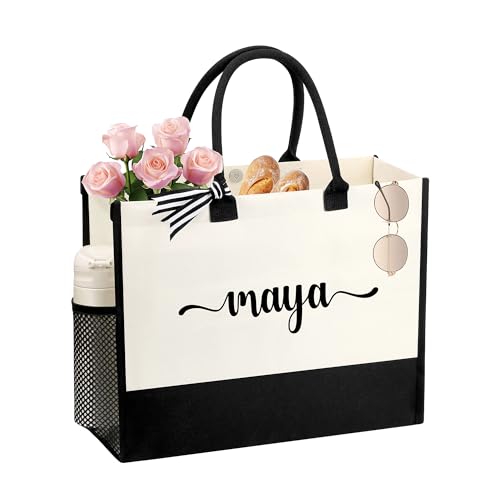 Image of Personalized Name Tote Bag for Women, Birthday Best Friend Bridesmaid Gifts for Women Canvas Initial Tote Bags