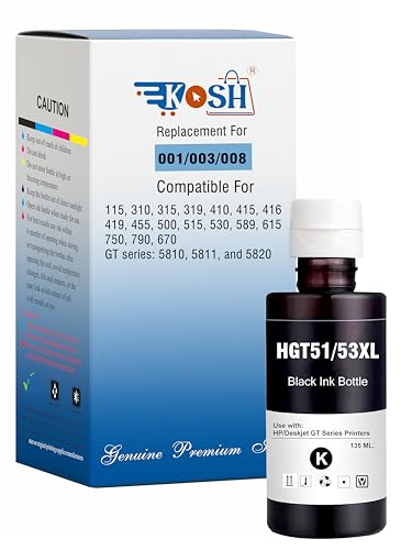 Image of KOSH Refill Ink Bottle Compatible for HP Deskjet 5810,5811,5820,5821,5822, Inktank Wireless 310,315,316,319,410,415,416,419,Smart Tank 115,500,510,515,516,720,750,790 Printers (1, GT53XL 135ML)