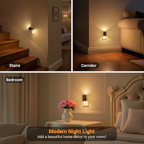Image of JandCase LED Night Light Plug in, Rotating Night Lights Plug into Wall [4 Pack], Dusk to Dawn Sensor, 2 Level Brightness Adjustable Nightlight, Warm White 3000K, for Bathroom Bedroom Hallway Stairs