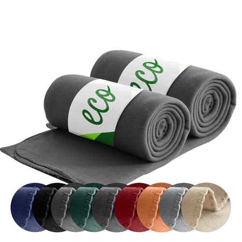 wometo 2er Set Eco Fleecedecken 130x160 – 100prozent recyceltes Polyester, ca. 400 g je Decke, Anti-Pilling, Kettelrand, Oeko-TEX – dunkelgrau