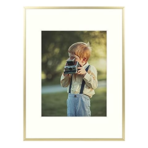 Frametory, 12x16 inch Gold Metal Picture Frame - Aluminum Thin Molding - Photo Frame with Ivory Color Mat for 8.5x11Wall Art & Pre-Installed Mounting Hardware - Real Glass Cover