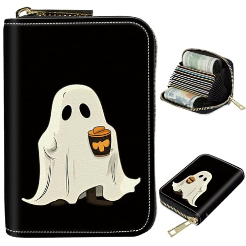 Image of Cute Credit Card Holder with Zipper, Coffee Ghosts RFID-Blocking Card Case Small Wallet for Women Men, Multi-slot Card Organizer Case Travel Accordion Wallet