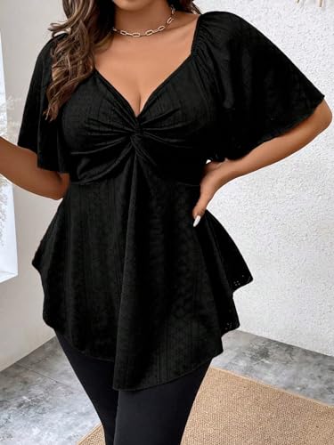 OYOANGLE Women's Plus Size Twist Front Short Sleeve Sweetheart Neck Asymmetrical Hem Blouses Solid Peplum Tops4