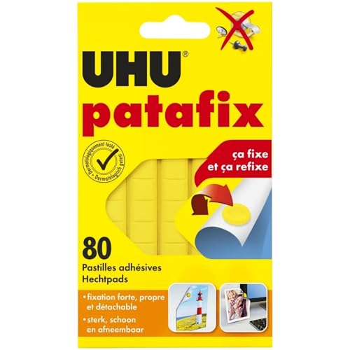 UHU Patafix Originale - Pastilles Adhésives Prédécoupées - Fixation Rapide et Propre - Testées Sous Contrôle Dermatologique - Jaunes - 80 Pastilles Adhésives Double Face