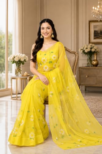 Jogal Women's Yellow Floral Organza Saree - Image 8