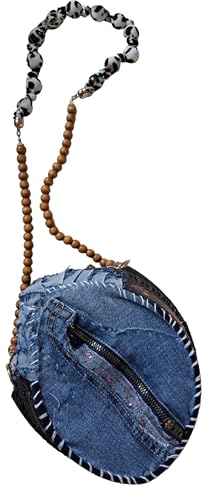 Handmade Upcycled Crossbody Bag with Beaded Strap, Recycled Bicycle Tire and Denim, Black and Blue, Eco-Conscious Fashion Accessory