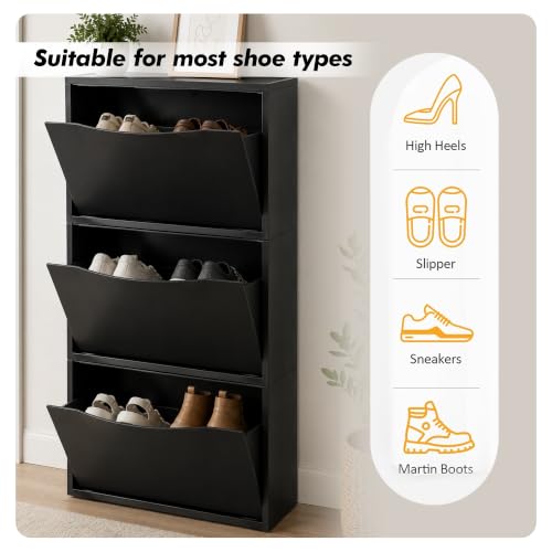 Image of TNT THE NEXT TREND Space Saving Shoe Rack Cabinet | Dustproof Flip Door Shoe Storage Organizer | Modern Minimal Shoe Stand for Entryway, Living Room, Bedroom & Hallway | Black Finish (Pack of 3)