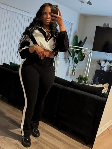 Womens Sweatsuits 2 Piece Set Contrast Color Long Sleeve Zip Up Cropped Jacket Leggings Pants Jogger Track Suits3