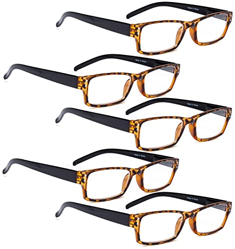 LUR READING GLASSES 5 pack Stylish Designed Cute Readers for Women Men Reading (Tortoise, +1.25)