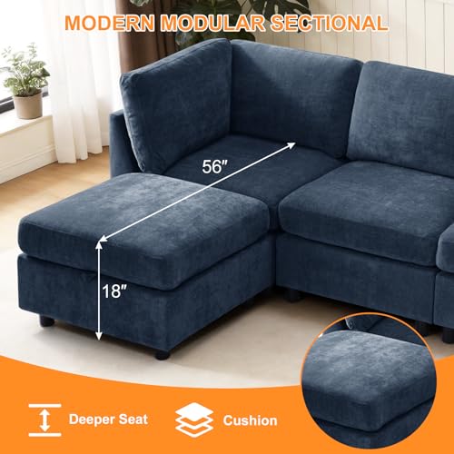 Image of TEKAMON 122 inch Modern Sofa Modular Sectional Couch, 4-Seat Chenille Deep Seat Sofa for Living Room, Bedroom and Apartment, Blue