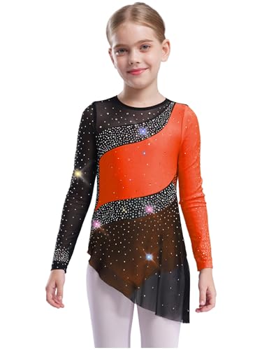 Raenseen Ballettkleid Mädchen Eiskunstlaufkleid Ballettbody Klassisches Ballett Rhythmische Sportgymnastik Langärmeliges Kleid Zeitgenössisches Lyrisches Tanzkleid Orange 134-140
