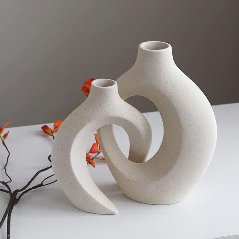 Ceramic Vase Set - 2 Flower Donut Modern Vases for Home Décor, Creative White Vases Minimalism Style Decor Vase Table Vase for Living Room Entryway Bookshelf Mantel Centerpieces Shelf - Image 2