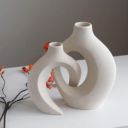 Ceramic Vase Set - 2 Flower Vases For Modern Home Décor, Creative White Vases Minimalism Style Decor Vase For Living Room Cream Decor Entryway Bookshelf Mantel Centerpieces Shelf #TOP1