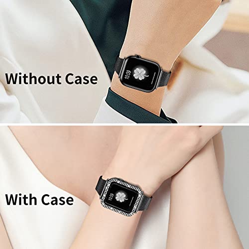 Joyozy Slim Stainless Steel Band Compatible with Apple Watch 38mm 40mm 41mm 42mm 44mm 45mm 46mm Milanese Strap with Bling Glitter Case Built-in Screen Protector Dressy Bracelet Band for Women (Black 45mm)