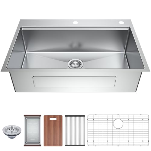 33 Inch Undermount Kitchen Sink - 33x22 Drop-in Kitchen Sinks, 18 Gauge 304 Stainless Steel Workstation Sink, Deep Single Bowl, Dual Mount, Handmade Basin, 8.98 Inch Deep, Built-In Accessories