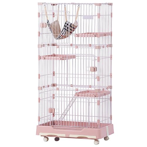 猫 ケージ キャスター付 キャットケージ ペットケージ 大型 多頭飼い ネコドア キャットハウス 1段2段3段可能 留守番 保護 脱走防止 おしゃれ (ピンク)