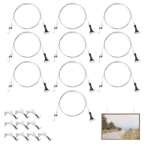 Image of STARVAST 10 Pack Sturdy Picture Rail Hanging System, Stainless Steel Adjustable Picture Hanging Hardware Kit for Wall Pictures, Art Gallery Display, 44 lb Max Load, 78 in Length Cable with Loop