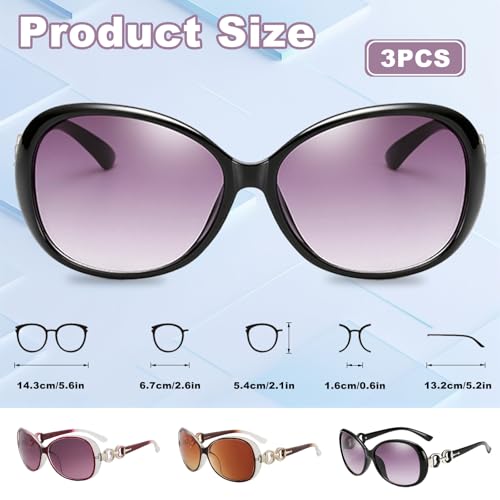SUpoetry Duże damskie okulary przeciwsłoneczne, 3 sztuki, zestaw w stylu vintage, z 3 mikrofibry, wzór z podwójnym pierścieniem, kwadratowe, UV400 (czarne + fioletowe + brązowe)
