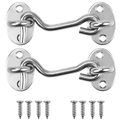 HQdeal 2pcs 3Inch Stable Heavy Duty Cabin Hook and Eye Lock High Quality Stainless Steel Eye Latch Lock Solid Thicken with 8 Screws for Shed Gate Garage Barn Door (3Inch Silver)