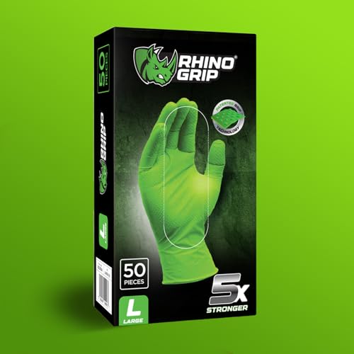 RHINO GRIP Nitrile Gloves - Heavy Duty Disposable Gloves, Diamond Grip Green Gloves - Powder-free & Latex Free Nitrile Gloves, Extra Thick & Ultra Tough Gloves (Large)