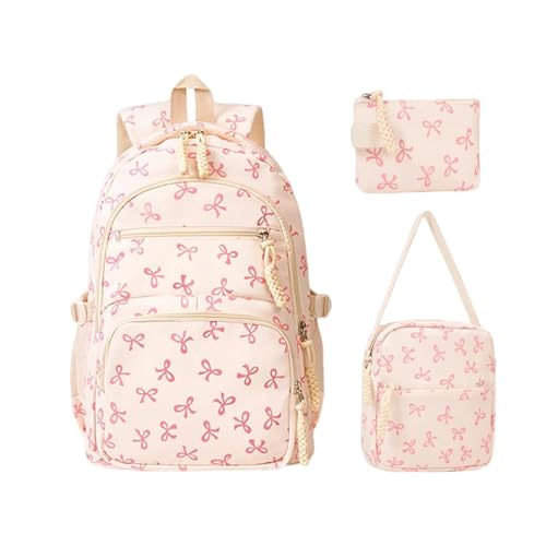 Vexilon 3-Piece Bow School Bag Set, Adorable Bow Bag, Pink Girls Backpack for School, Waterproof Aesthetic School Bag for Girls Teens, Lightweight Student Bookbag for College High School