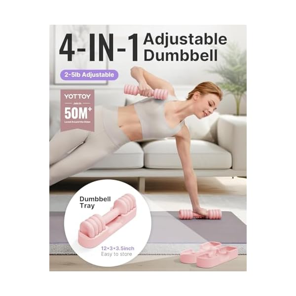 YOTTOY Adjustable Dumbbell Set of 2, 4-in-1 Hand Weights for Women at Home, Compact Free Weights Dumbbells Set with Soft Grip and Base, 2-5 lbs Each for Home Gym - Image 2