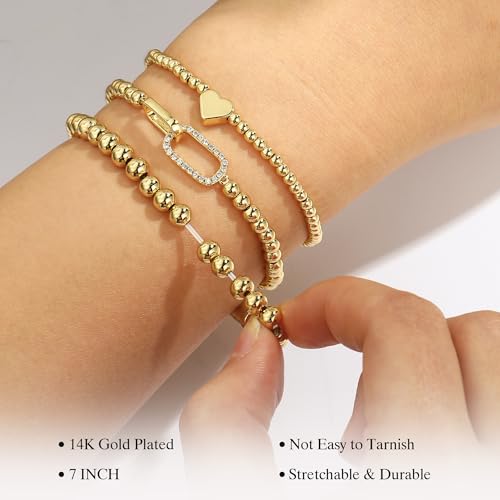 Turandoss 3PCS 14K Gold Plated Beaded Stretch Bracelet for Women Teen Girls - image 5