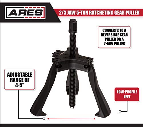Image of ARES 70434 | 2 /3 Jaw 5-Ton Ratcheting Gear Puller | Chrome Moly Steel Construction | 4 inch to 5 inch Adjustable Range | Easily Converts to 2-Jaw or Reversible Gear Puller