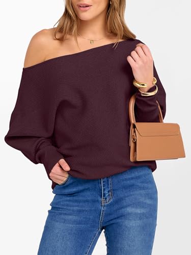 Image of ANRABESS Womens Off Shoulder Sweaters 2026 Fall Long Batwing Sleeve Loose Fit Knit Tops Casual Pullovers Jumpers