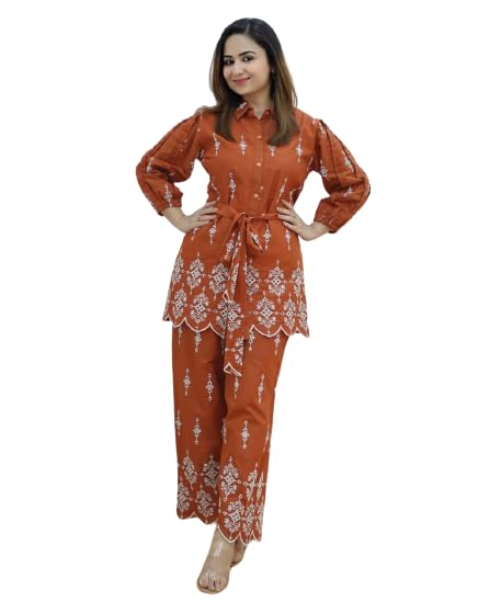 Image of Pure Cotton Fully Embroidered Work Rust Schiffli Co-Ord Set | Belt Having Embroidery | Co-Ord Set For Women & Girls