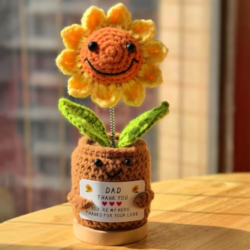 Levvohd Girasol de ganchillo con tarjeta positiva, regalos para papá, eres mi héroe para el día del padre, decoración de escritorio de oficina divertida para hombres, decoraciones de fiesta de